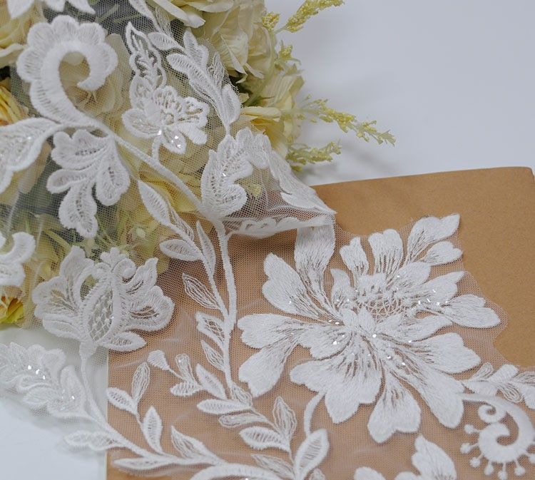 1 Yard Pair White Sequined Beaded Corded Embroidered 3D Floral Bridal Lace Trim Applique Material XB031