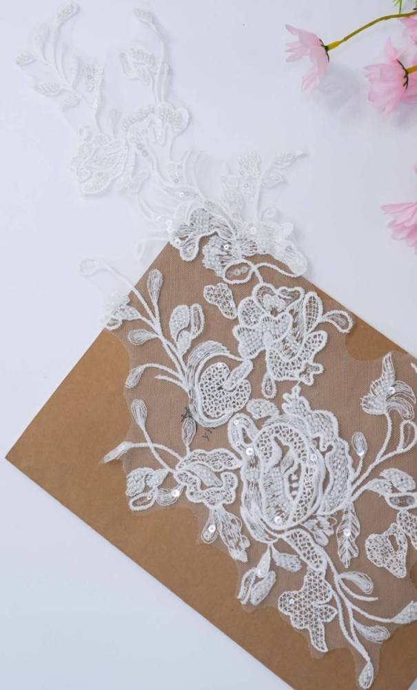 1 Yard Pair White Sequined Beaded Corded Embroidered 3D Floral Bridal Lace Trim Applique Material XB114