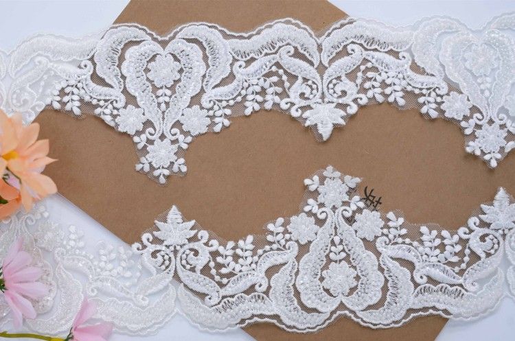 1 Yard Pair White Sequined Beaded Corded Embroidered 3D Floral Bridal Lace Trim Applique Material XB124