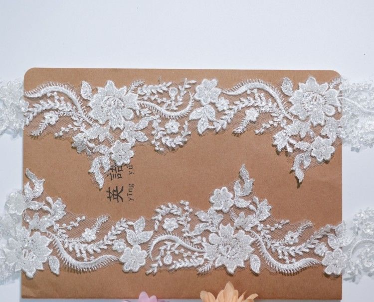 1 Yard Pair White Sequined Beaded Corded Embroidered 3D Floral Bridal Lace Trim Applique Material XB145
