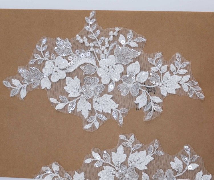 1 Yard Pair White Sequined Beaded Corded Embroidered 3D Floral Bridal Lace Trim Applique Material XB143