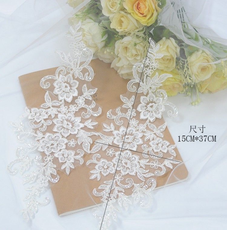 1 Yard Pair White Sequined Beaded Corded Embroidered 3D Floral Bridal Lace Trim Applique Material XB116