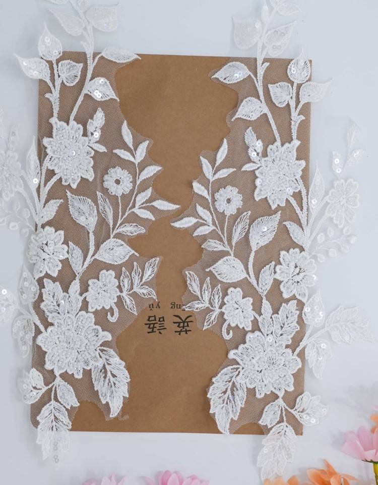5 Pairs White Sequined Beaded Embroidered Bridal Lace Applique Material XB104B
