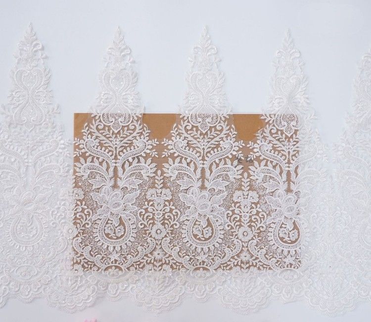 1 Yard Pair White Sequined Beaded Corded Embroidered 3D Floral Bridal Lace Trim Applique Material XB149