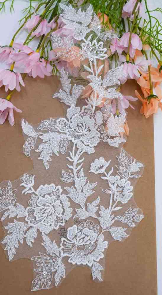1 Yard Pair White Sequined Beaded Corded Embroidered 3D Floral Bridal Lace Trim Applique Material XB139