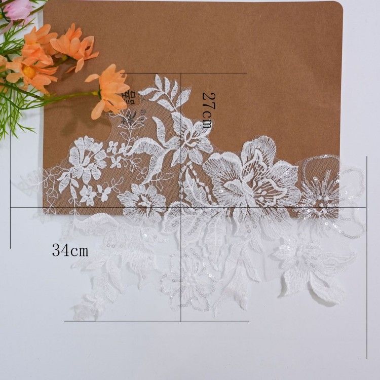 1 Pair White Sequined Embroidered Bridal Lace Applique Material XB111