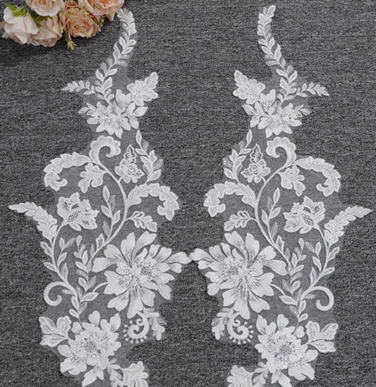 1 Yard Pair White Sequined Beaded Corded Embroidered 3D Floral Bridal Lace Trim Applique Material XB031