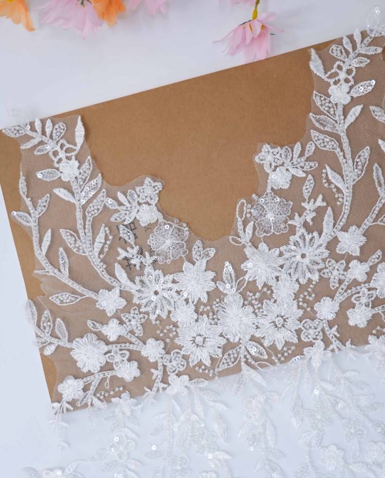 1 Yard Pair White Sequined Beaded Corded Embroidered 3D Floral Bridal Lace Trim Applique Material XB134