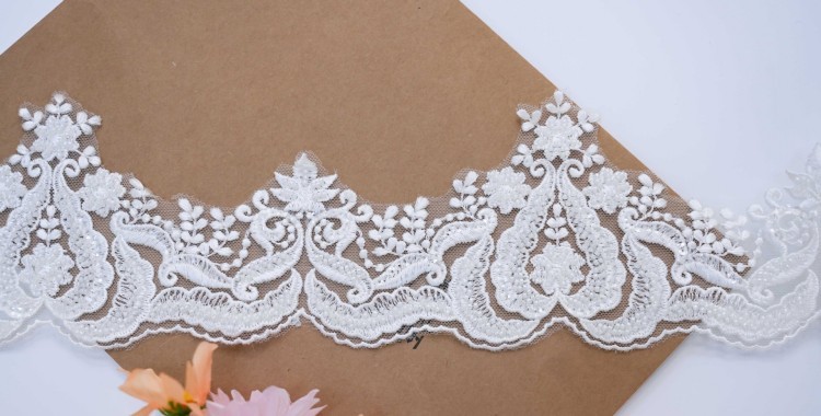 1 Yard Pair White Sequined Beaded Corded Embroidered 3D Floral Bridal Lace Trim Applique Material XB124