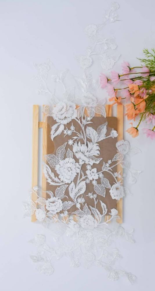 1 Yard Pair White Sequined Beaded Corded Embroidered 3D Floral Bridal Lace Trim Applique Material XB126