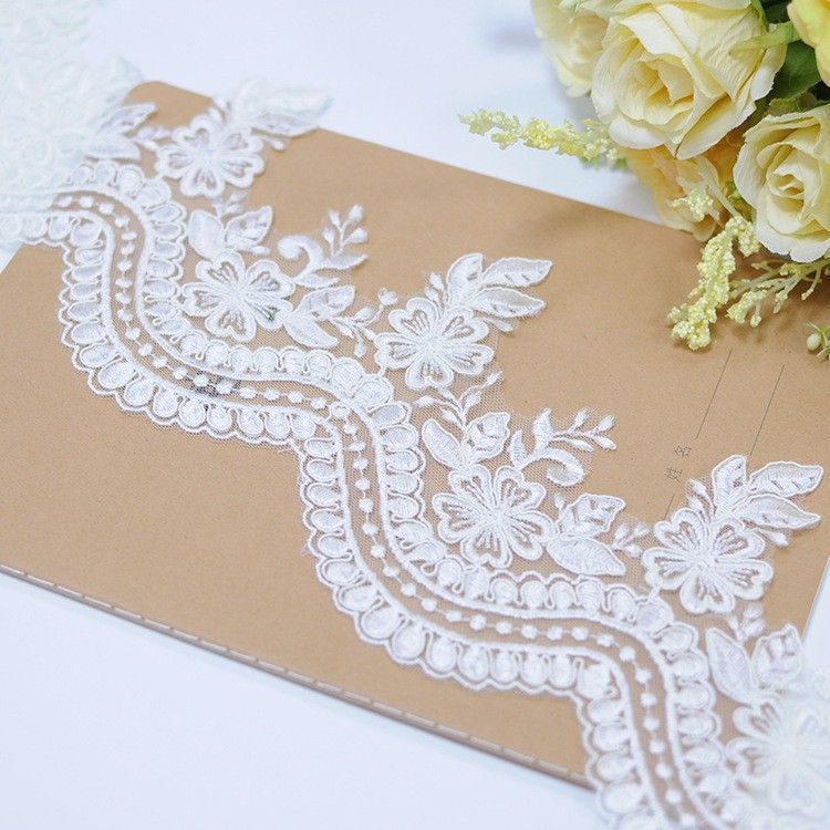 1 Yard Pair White Sequined Beaded Corded Embroidered 3D Floral Bridal Lace Trim Applique Material XB147