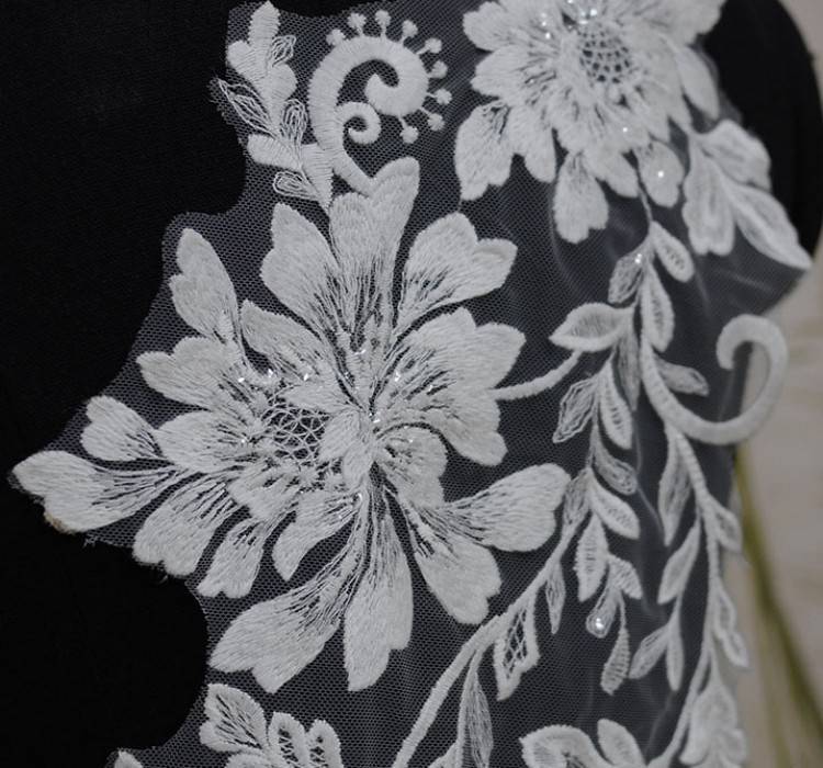 1 Yard Pair White Sequined Beaded Corded Embroidered 3D Floral Bridal Lace Trim Applique Material XB031