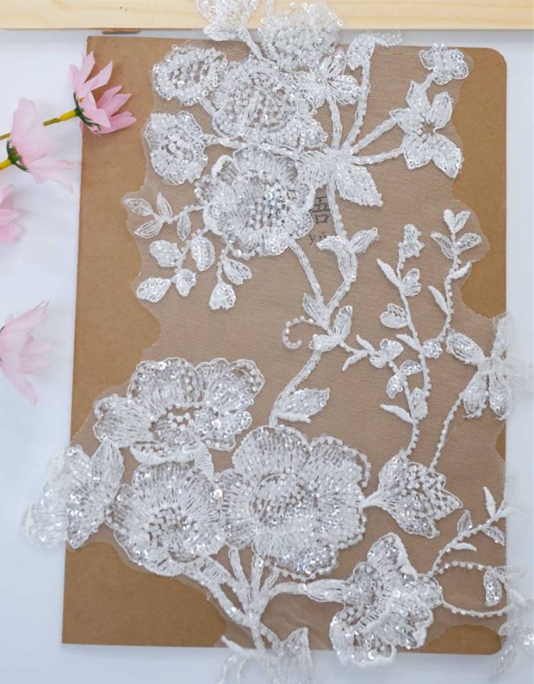 1 Pair White Sequined Beaded Embroidered Bridal Lace Applique Material XB113