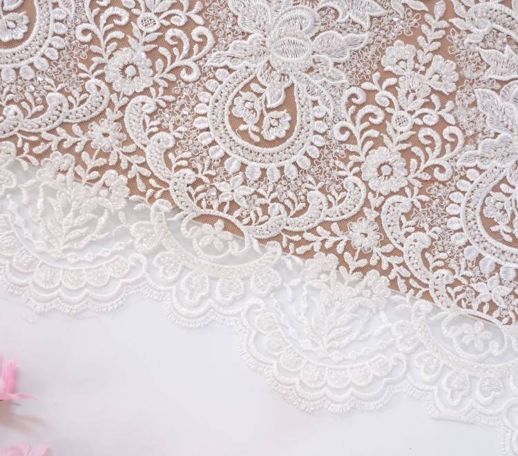 1 Yard Pair White Sequined Beaded Corded Embroidered 3D Floral Bridal Lace Trim Applique Material XB149