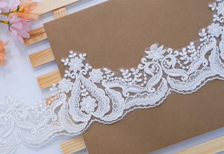 1 Yard Pair White Sequined Beaded Corded Embroidered 3D Floral Bridal Lace Trim Applique Material XB124