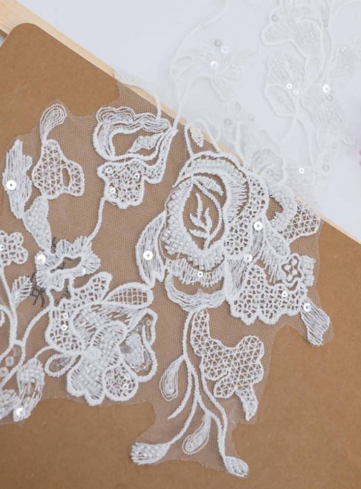 1 Yard Pair White Sequined Beaded Corded Embroidered 3D Floral Bridal Lace Trim Applique Material XB114