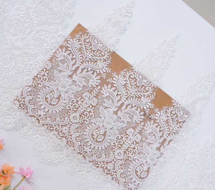 1 Yard Pair White Sequined Beaded Corded Embroidered 3D Floral Bridal Lace Trim Applique Material XB149