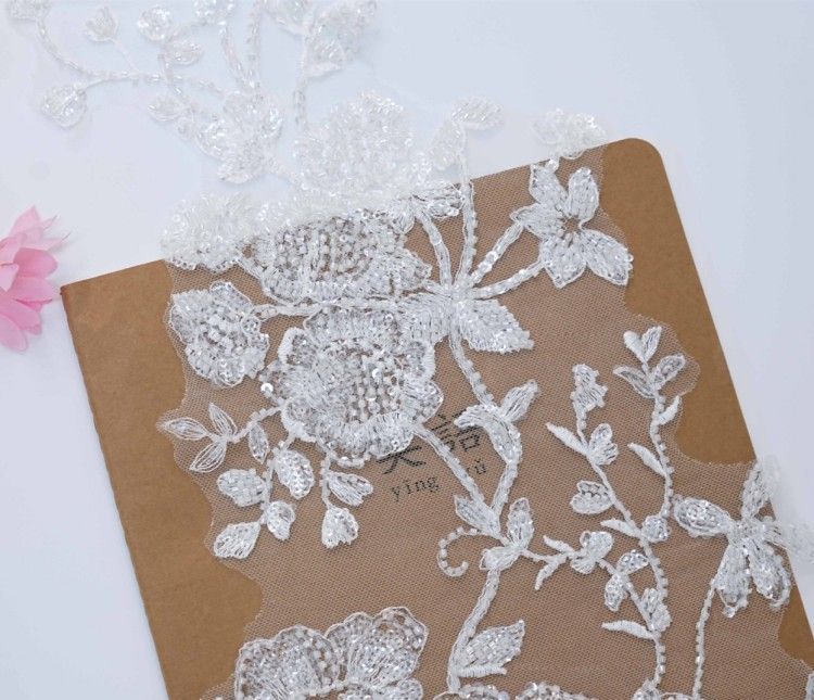 1 Pair White Sequined Beaded Embroidered Bridal Lace Applique Material XB113