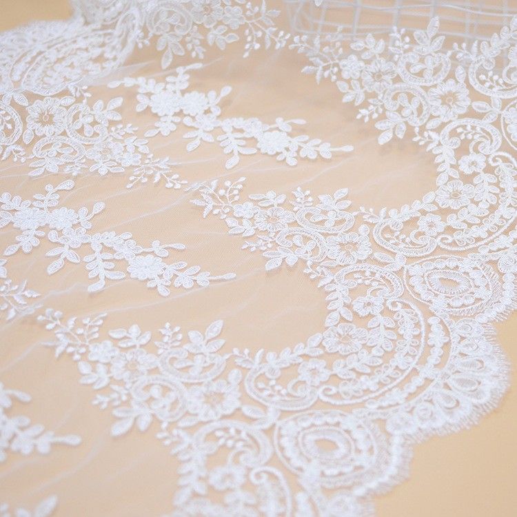 1 Yard Pair White Sequined Beaded Corded Embroidered 3D Floral Bridal Lace Trim Applique Material XB140