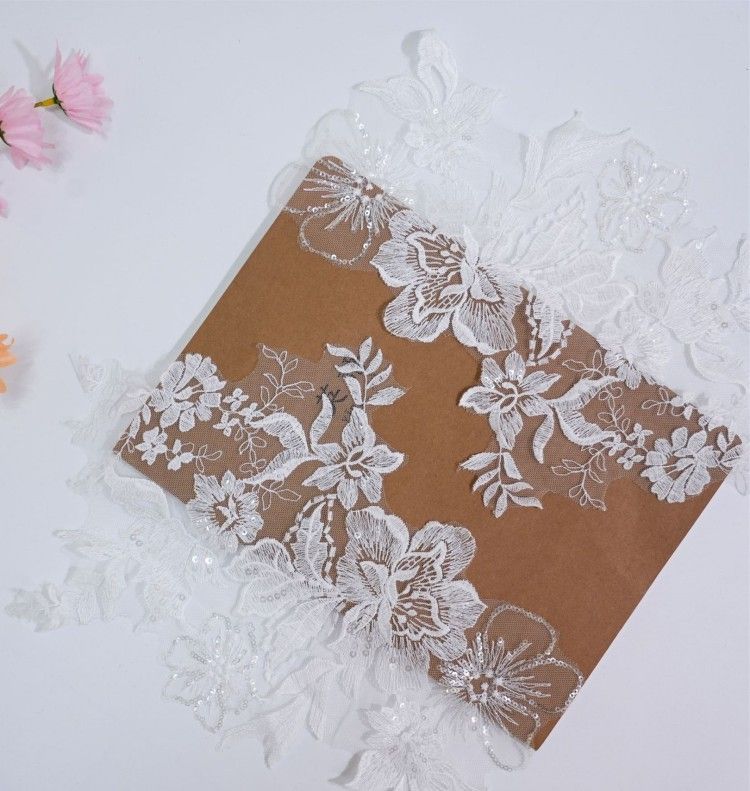 1 Pair White Sequined Embroidered Bridal Lace Applique Material XB111