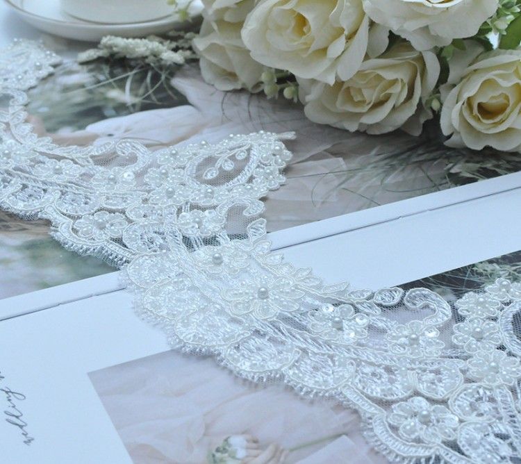 1 Yard Pair White Sequined Beaded Corded Embroidered 3D Floral Bridal Lace Trim Applique Material XB138