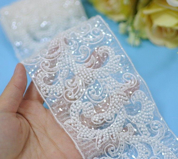 1 Yard Pair White Sequined Beaded Corded Embroidered 3D Floral Bridal Lace Trim Applique Material XB132