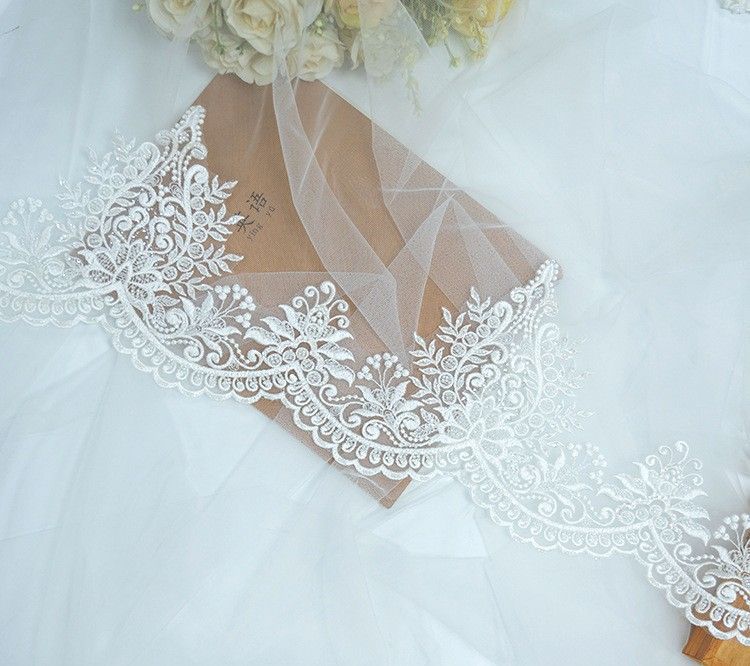 1 Yard Pair White Sequined Beaded Corded Embroidered 3D Floral Bridal Lace Trim Applique Material XB128