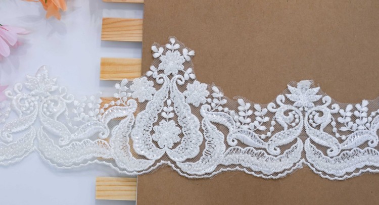 1 Yard Pair White Sequined Beaded Corded Embroidered 3D Floral Bridal Lace Trim Applique Material XB124