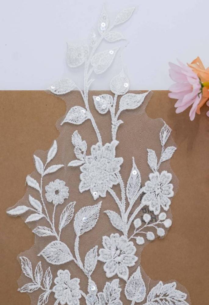 1 Pair White Sequined Beaded Embroidered Bridal Lace Applique Material XB104