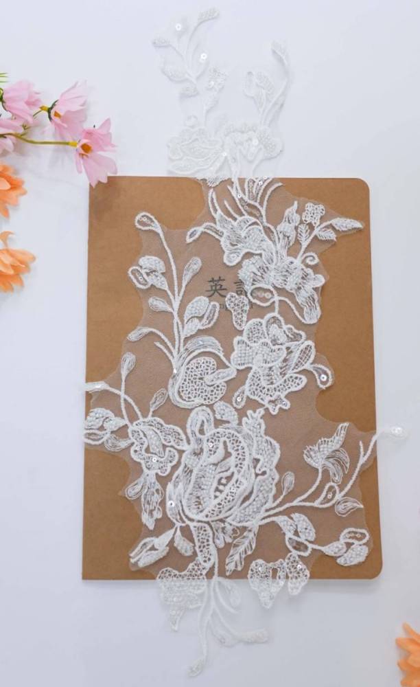 1 Yard Pair White Sequined Beaded Corded Embroidered 3D Floral Bridal Lace Trim Applique Material XB114