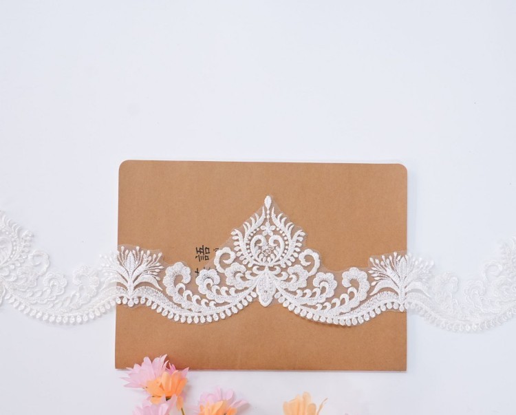 1 Yard Pair White Sequined Beaded Corded Embroidered 3D Floral Bridal Lace Trim Applique Material XB142