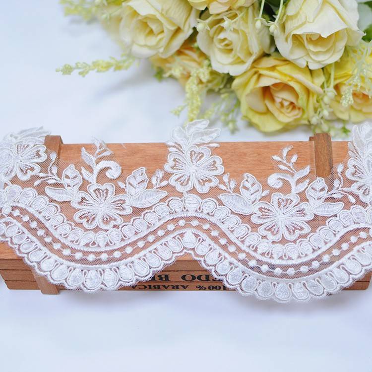1 Yard Pair White Sequined Beaded Corded Embroidered 3D Floral Bridal Lace Trim Applique Material XB147