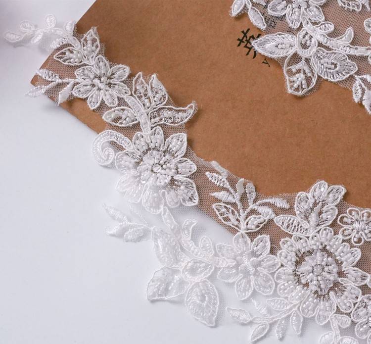 1 Yard Pair White Sequined Beaded Corded Embroidered 3D Floral Bridal Lace Trim Applique Material XB150