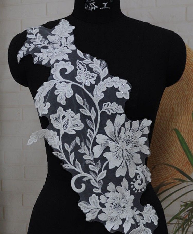 1 Yard Pair White Sequined Beaded Corded Embroidered 3D Floral Bridal Lace Trim Applique Material XB031