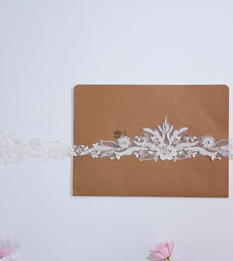 1 Yard Pair White Sequined Beaded Corded Embroidered 3D Floral Bridal Lace Trim Applique Material XB117