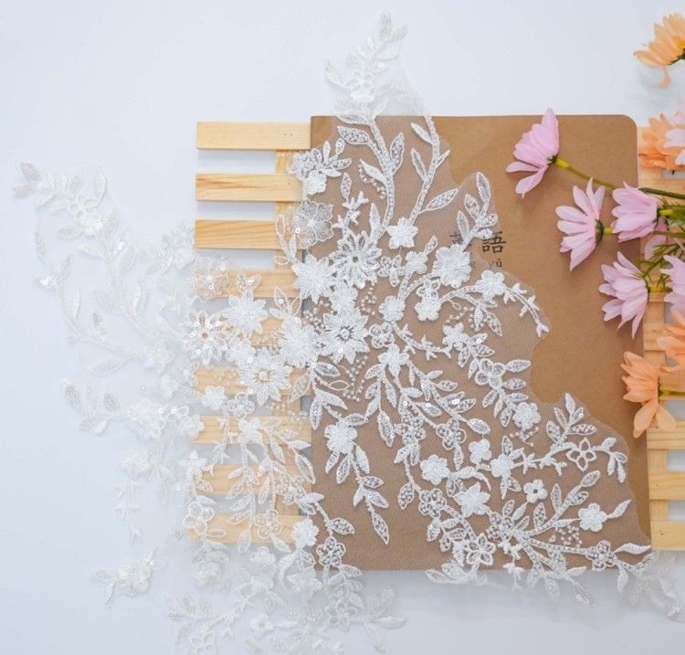 1 Yard Pair White Sequined Beaded Corded Embroidered 3D Floral Bridal Lace Trim Applique Material XB134