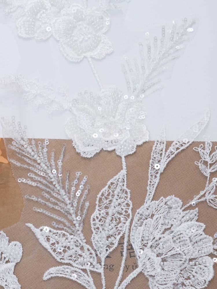 1 Yard Pair White Sequined Beaded Corded Embroidered 3D Floral Bridal Lace Trim Applique Material XB148