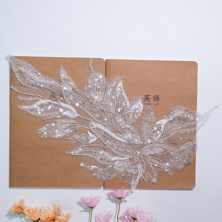 1 Yard Pair White Sequined Beaded Corded Embroidered 3D Floral Bridal Lace Trim Applique Material XB122