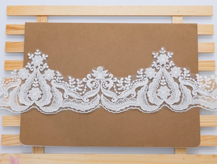 1 Yard Pair White Sequined Beaded Corded Embroidered 3D Floral Bridal Lace Trim Applique Material XB124