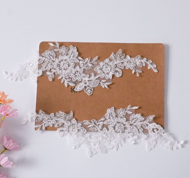 1 Yard Pair White Sequined Beaded Corded Embroidered 3D Floral Bridal Lace Trim Applique Material XB150