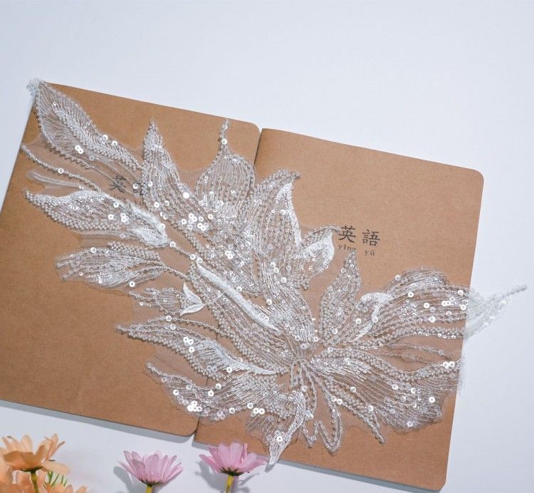 1 Yard Pair White Sequined Beaded Corded Embroidered 3D Floral Bridal Lace Trim Applique Material XB122