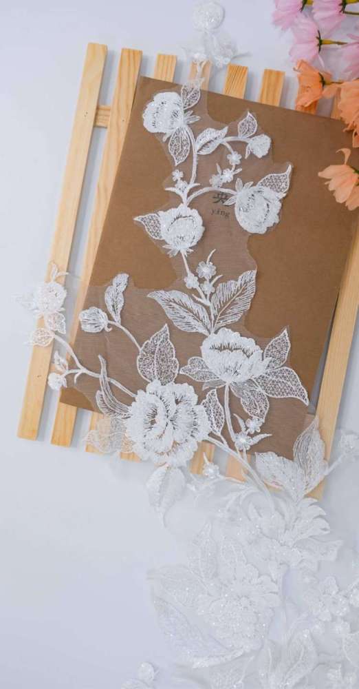 1 Yard Pair White Sequined Beaded Corded Embroidered 3D Floral Bridal Lace Trim Applique Material XB126