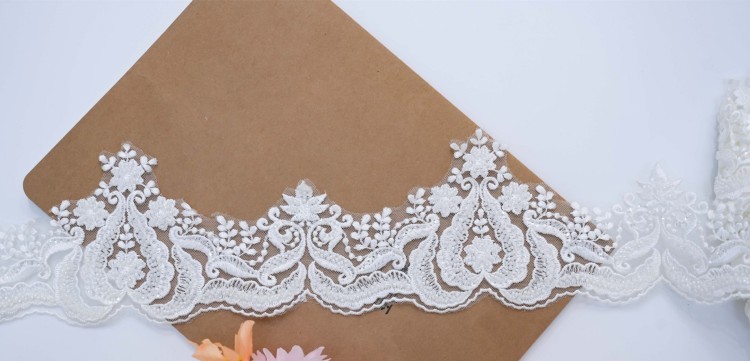 1 Yard Pair White Sequined Beaded Corded Embroidered 3D Floral Bridal Lace Trim Applique Material XB124