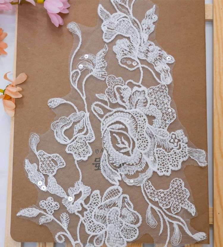 1 Yard Pair White Sequined Beaded Corded Embroidered 3D Floral Bridal Lace Trim Applique Material XB114