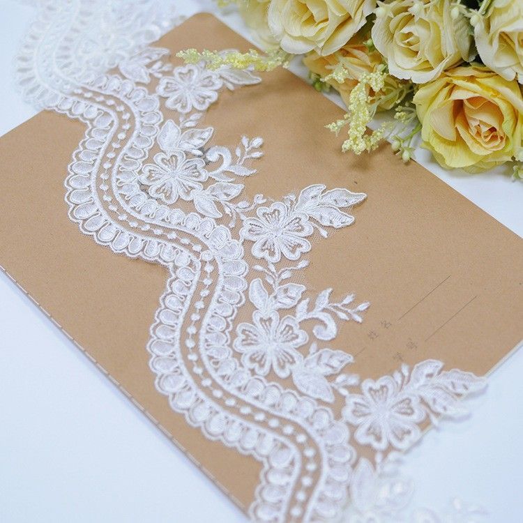 1 Yard Pair White Sequined Beaded Corded Embroidered 3D Floral Bridal Lace Trim Applique Material XB147