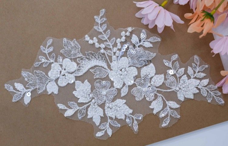 1 Yard Pair White Sequined Beaded Corded Embroidered 3D Floral Bridal Lace Trim Applique Material XB143