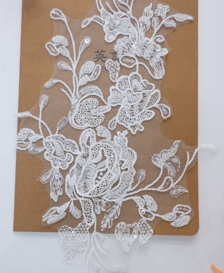 1 Yard Pair White Sequined Beaded Corded Embroidered 3D Floral Bridal Lace Trim Applique Material XB114