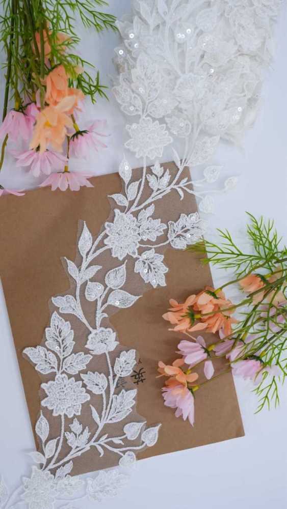 1 Pair White Sequined Beaded Embroidered Bridal Lace Applique Material XB104