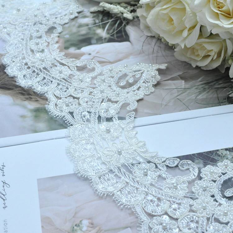 1 Yard Pair White Sequined Beaded Corded Embroidered 3D Floral Bridal Lace Trim Applique Material XB138
