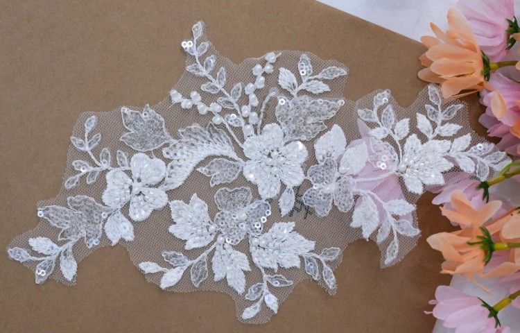 1 Yard Pair White Sequined Beaded Corded Embroidered 3D Floral Bridal Lace Trim Applique Material XB143